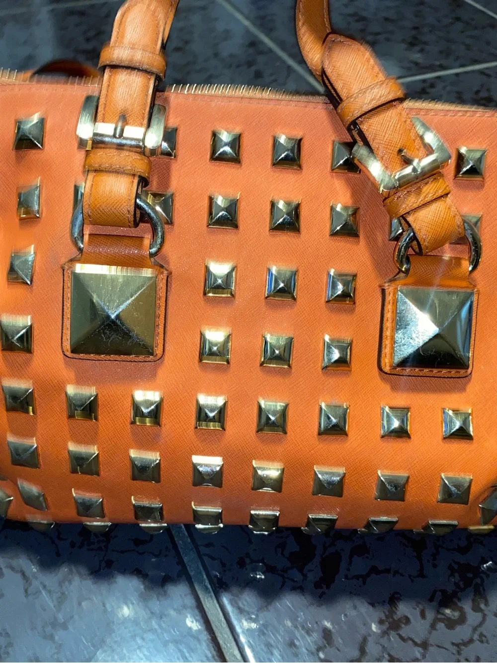 Michael Kors Orange Leather Satchel with Gold Studs